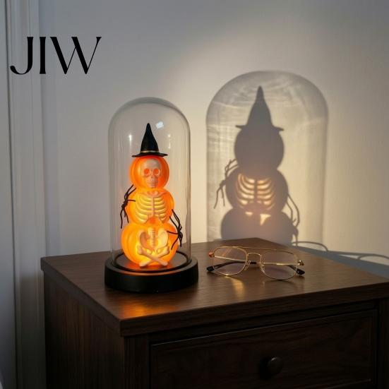 Creative Holiday Ornaments Halloween Pumpkin Skeleton Cloche Lamp, Lighted Stacking Skull In Clear Haunted House Decorations Dome with Witch