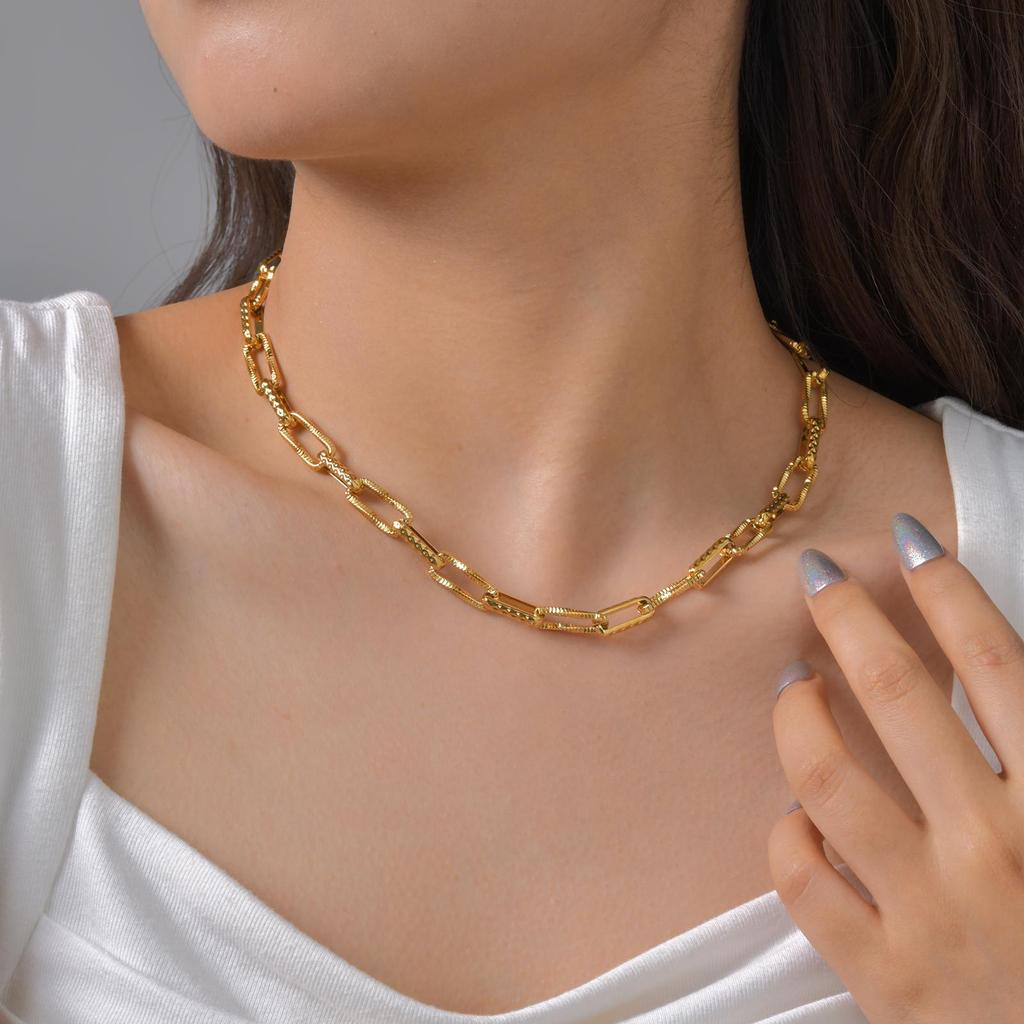 Jewelry Stainless Steel Embossed Rectangle Handmade Chain Gold Necklace Ladies 2259