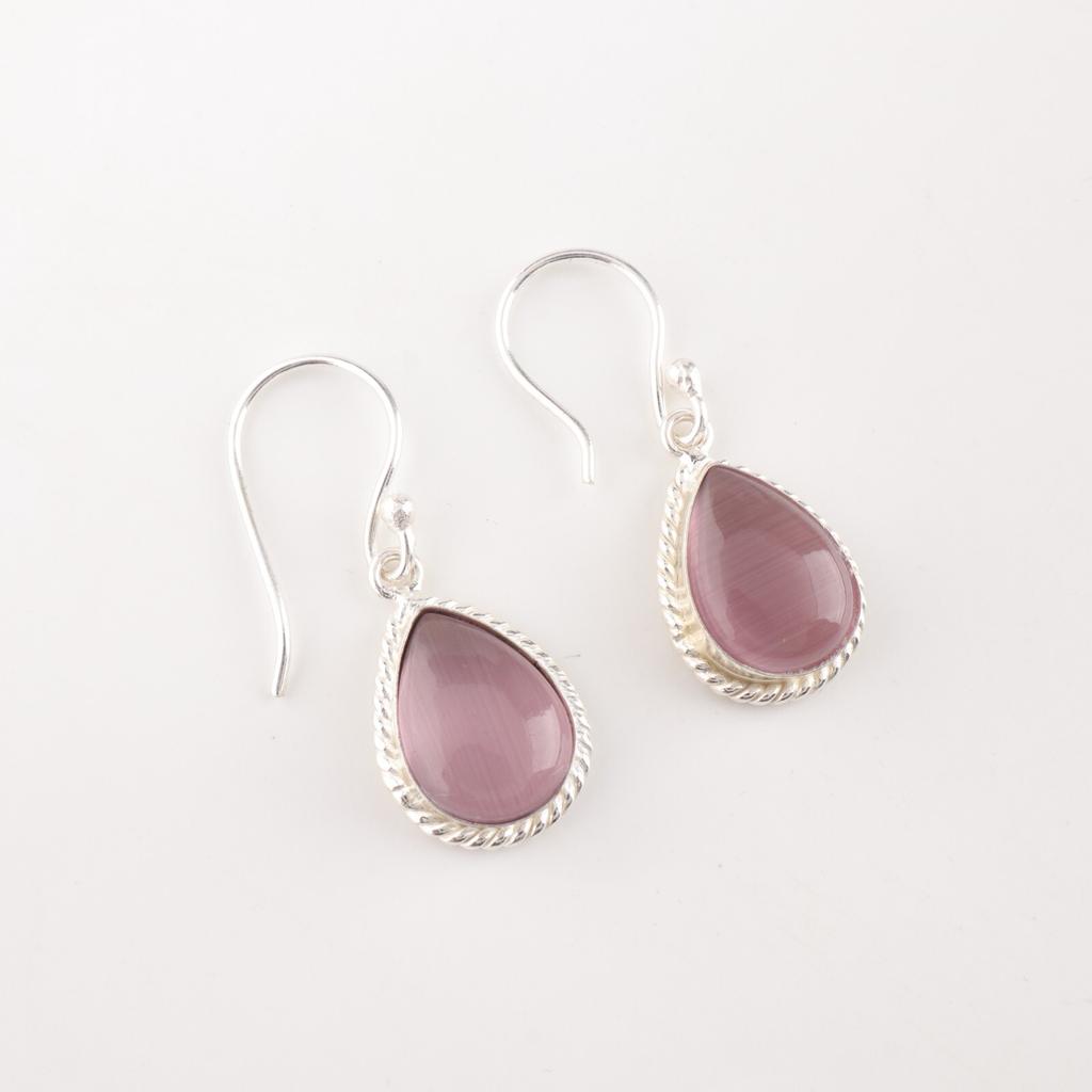 Purple Cat's Eye Gemstone 925 Fine Silver Jewelry Handmade Dangle Earrings 1.40" EE-9-40