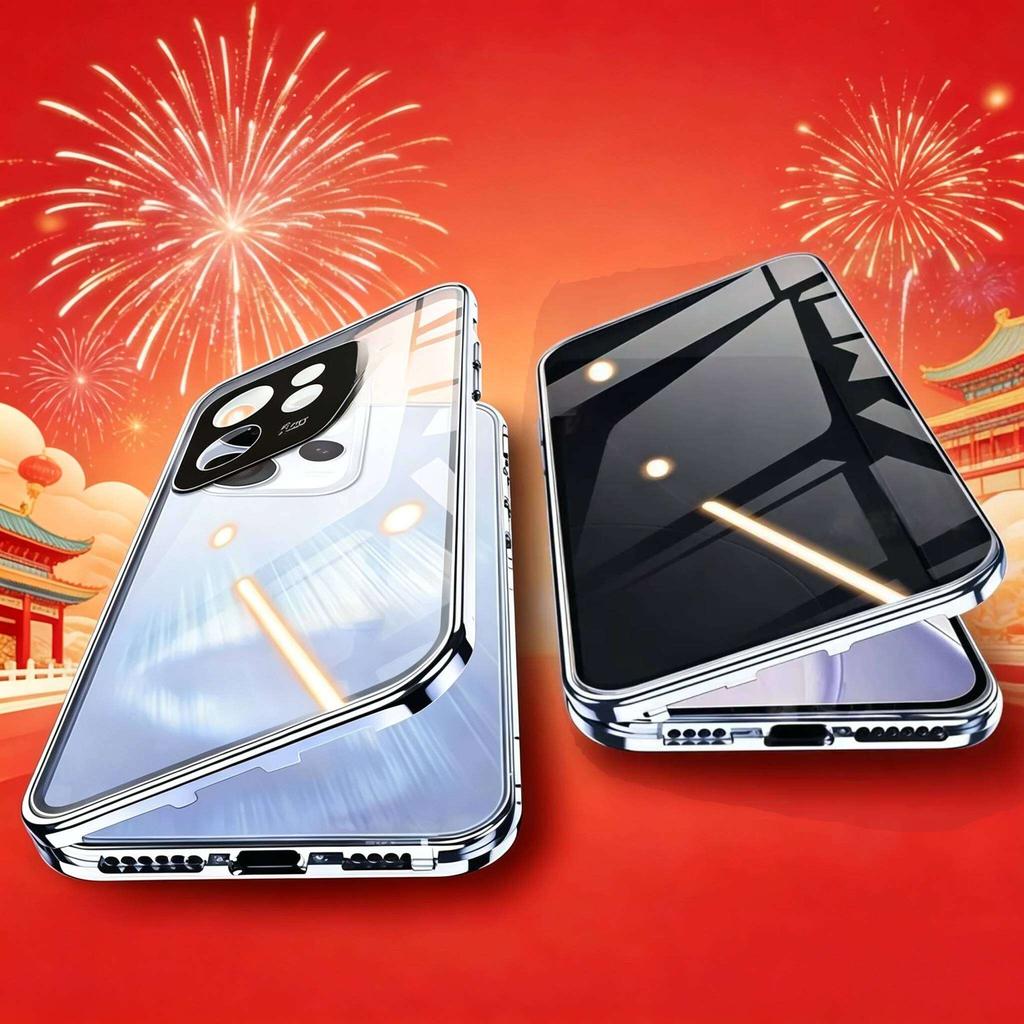 Anti-gluurhoesje voor OPPO Reno13 Reno14 Pro, Dubbelzijdig Gehard Glas, Metalen Frame met Camera Beschermer Telefoon Bumpers
