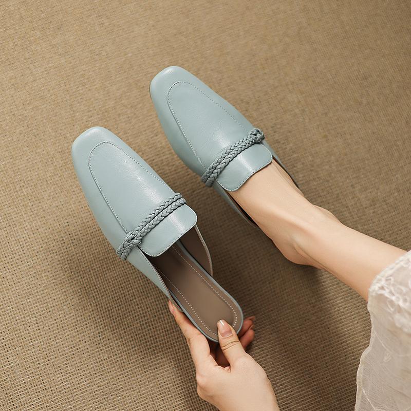 Fashion 2025 Summer Women Shoes Genuine Leather Square Toe Women Sandals Solid Modern Sandals for Women Low-heel Women's Mules Shoes