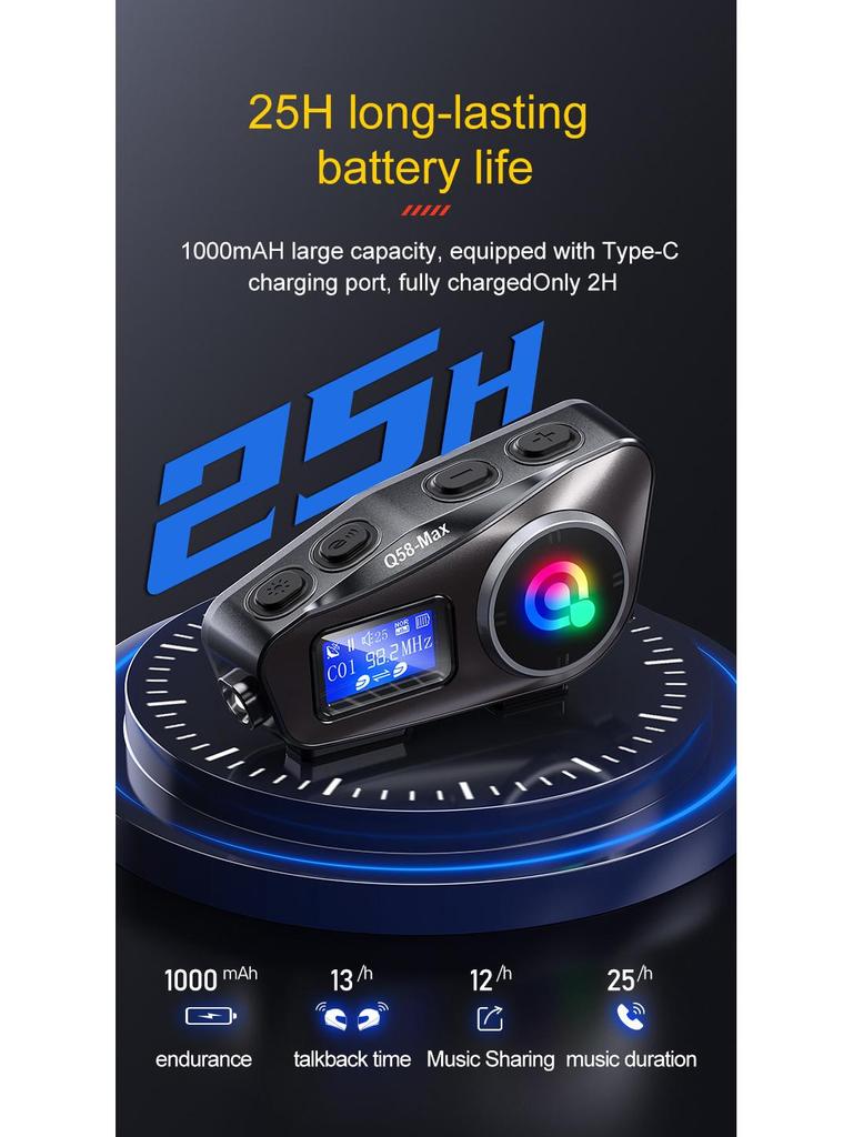 Q58MAX Bluetooth Helmet Headset: Music Sharing, LCD, FM Intercom, MP3 Mixing