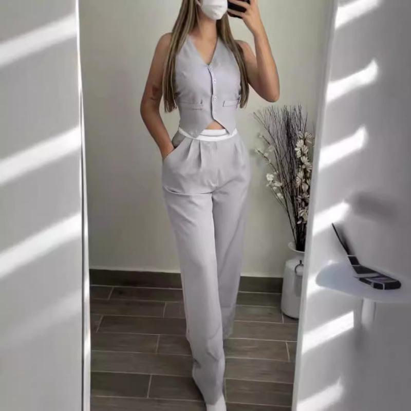 Women Fashion V Neck Sleeveless High Waist Wide Leg Pants Casual Two Piece Set