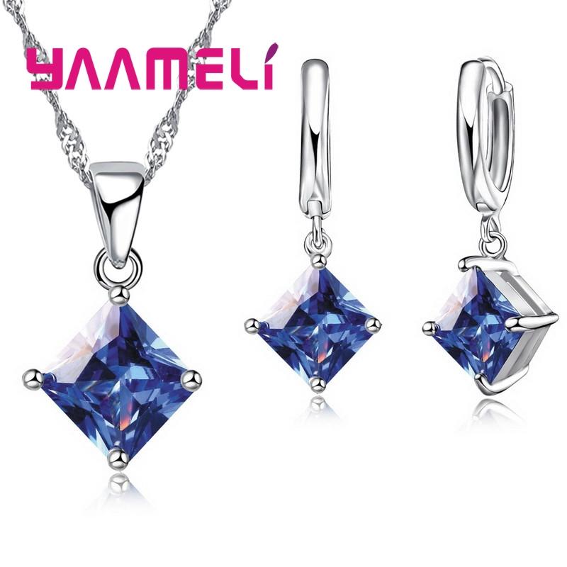 New Fashion Women Pendants Necklace Simple Geometry Square Earrings Crystal 925 Silver Color Jewelry Sets for Wedding