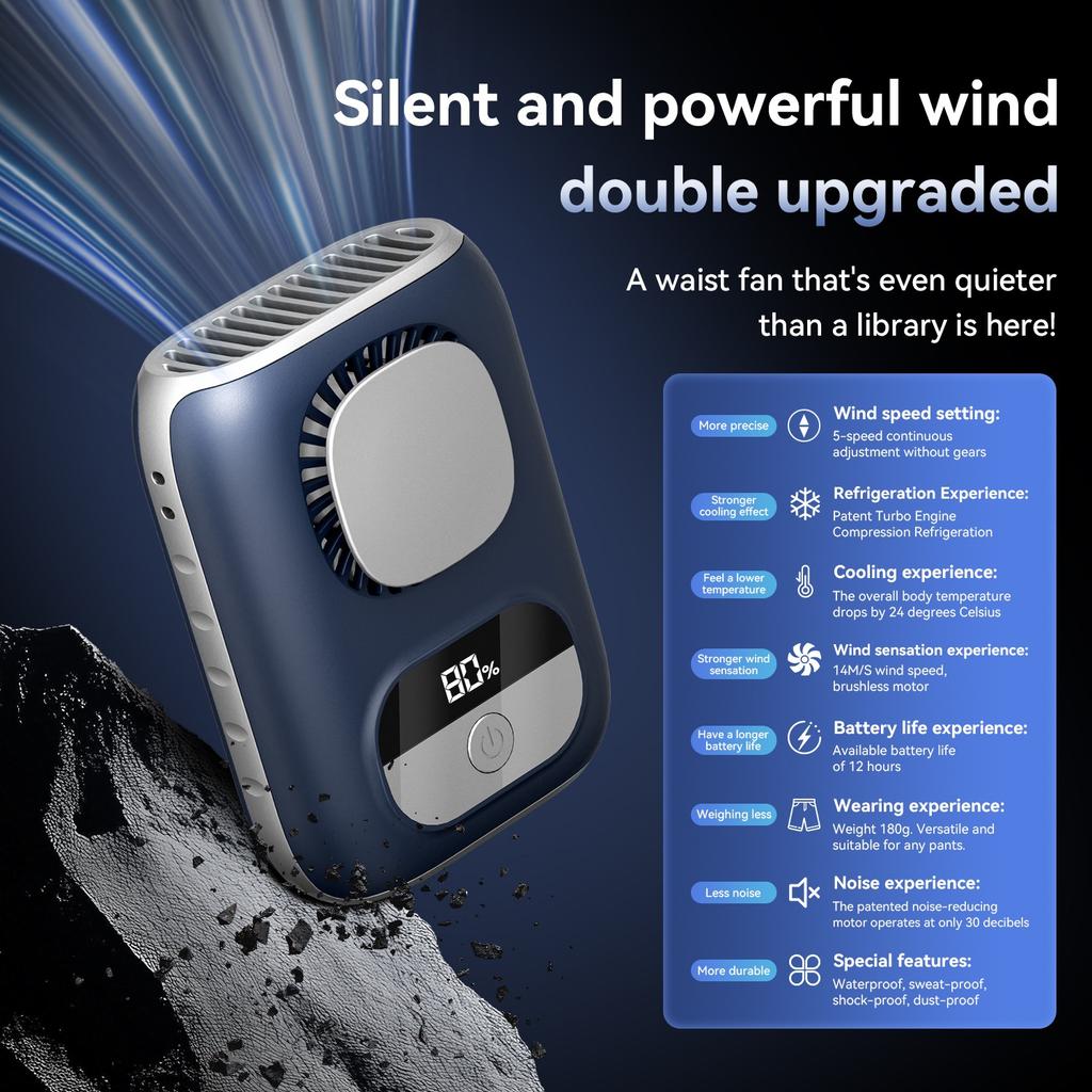 3CM Thin Tiny Portable Waist Fan 4000mAh Clip On Personal Neck Fan LED 12H Working 5 Speeds 10500RPM Strong Airflow with Lanyard