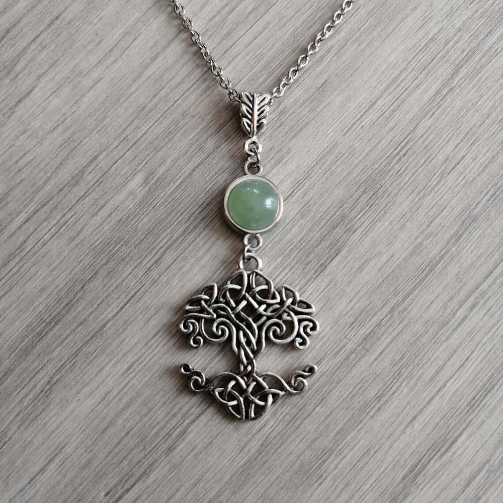 Retro Hollowed-out Tree of Life Celtic Knotwork Crystal Natural Stone Necklace for Women Halloween Party Jewelry Accessory Gifts