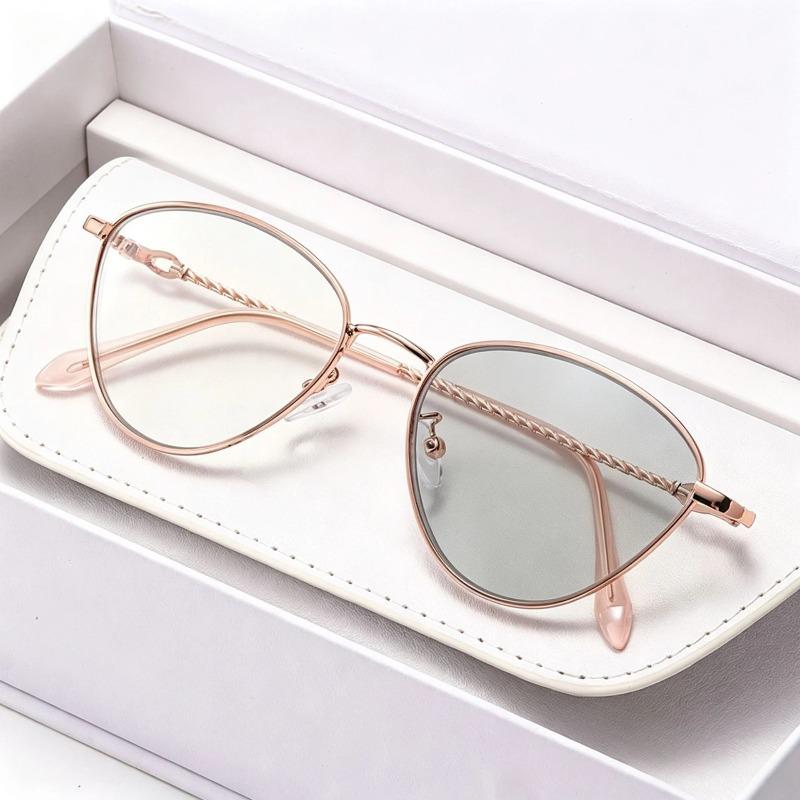 Cat's Eye Photochromic Myopia Glasses Anti Blue Light Metal-Frame Color-Changing Lenses Men's and Women's Shortsighted Glasses