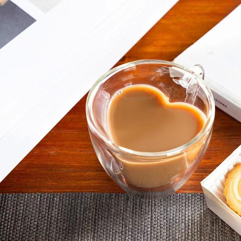 2 Pcs Double Wall Glass Mug With Handle Creative Heart Shape Coffee Cup Cute Milk Water Tea Heart Cup Clear Heart Mug Wholesale