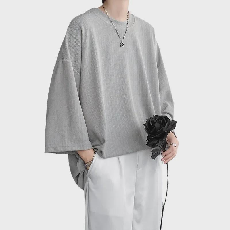 Men's Ice Silk Drape T-Shirt, Short Sleeve, Solid Color, Summer 2023 Trend, Plus Size, Three-Quarter Length.