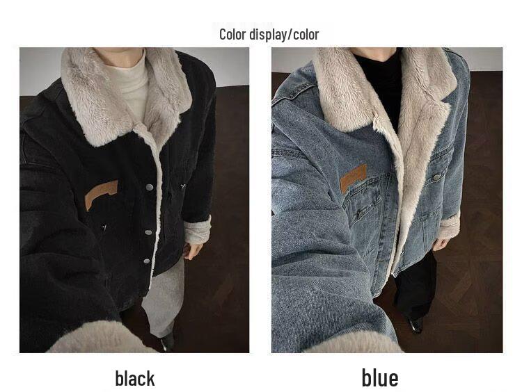 Men's Retro Velvet Denim Jacket – Trendy, Warm, Unisex, Loose-Fit with Multi-Pockets