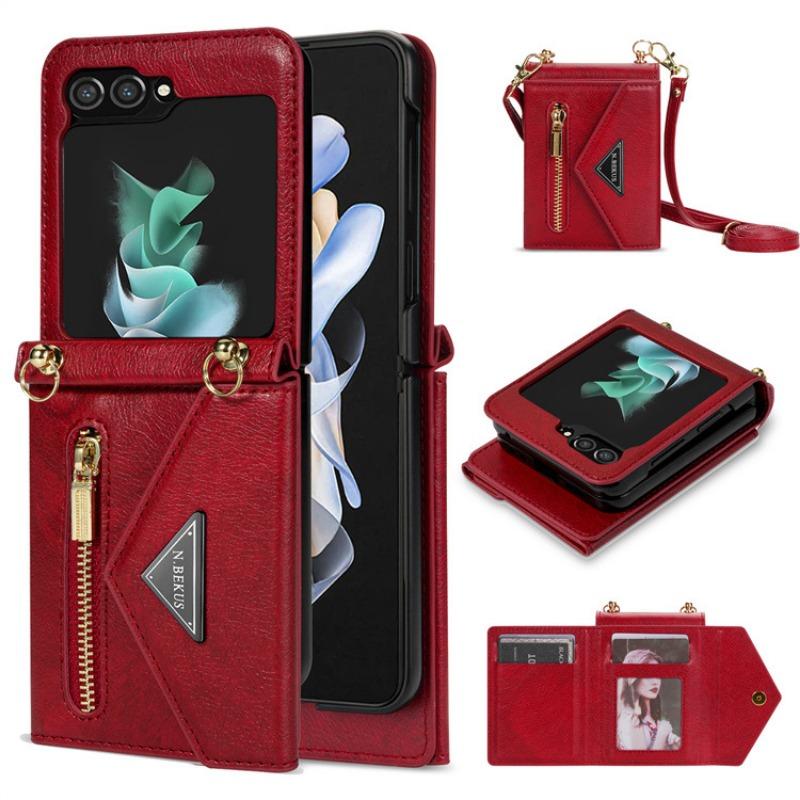Crossbody Lanyard Leather Phone Case for Samsung Galaxy Z Flip 6 5 4 Flip6 Flip5 Flip4 Zipper Wallet Card Slot Holder Cover