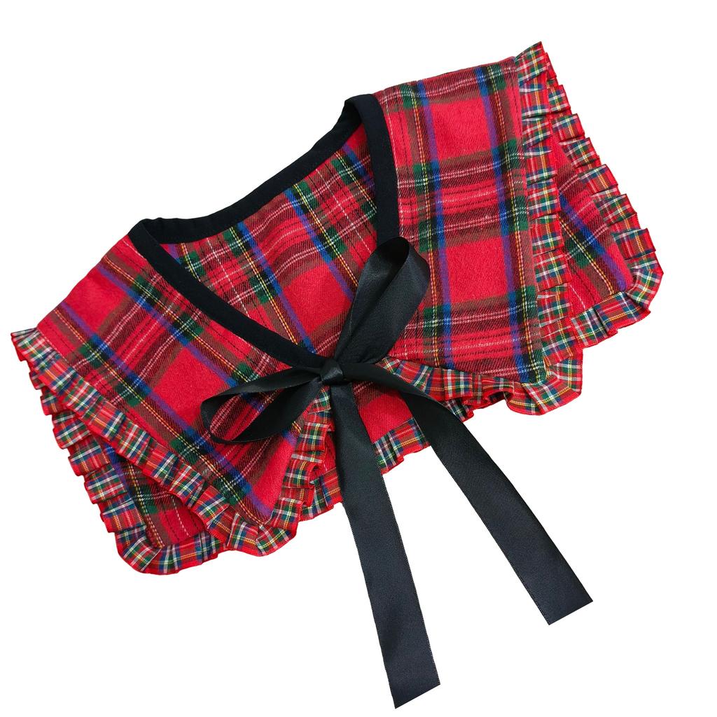 Decorative Ruffled Trim False Collar Neckline for Women Vintage Checkered Plaids Shawl Scarf Bows Tie Capelet Ponchos
