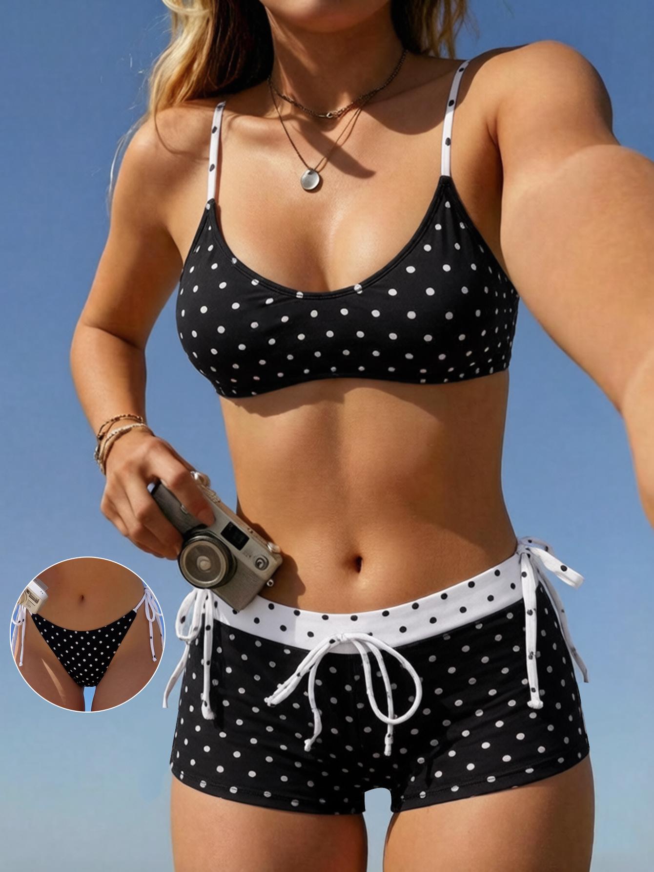 Polka Dot Print Two Piece Boyshorts Bikini Set 3 Piece Elegant Modest Swimwear XS