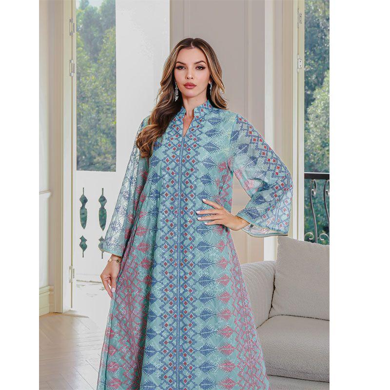 Indonesian Arab Cross-Border Embroidery Hot Drilling Robe Middle East Clothing Print Dress Dubai Women Clothes Dress