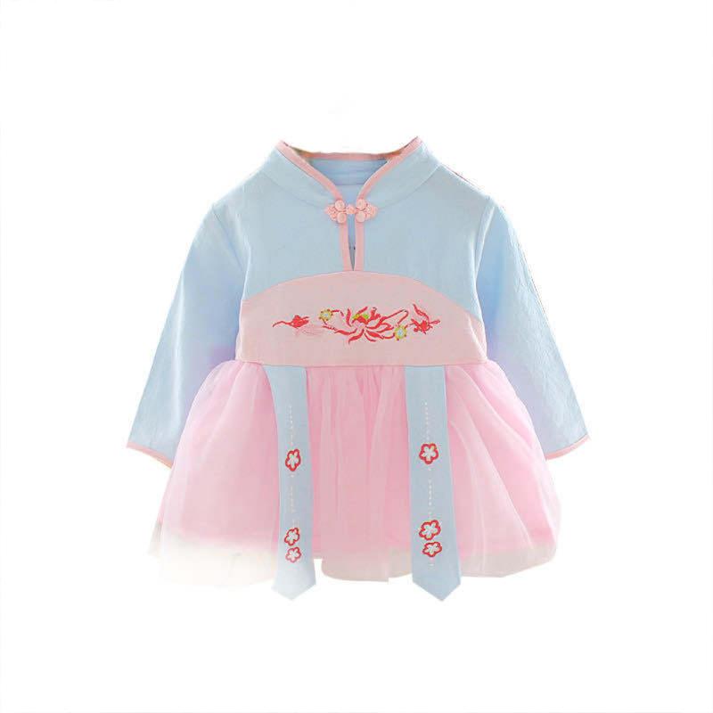 Girl Baby Cotton Dress Long Sleeve A-line Skirt Han Style Button Collar Ancient Gauze Puffy Dress