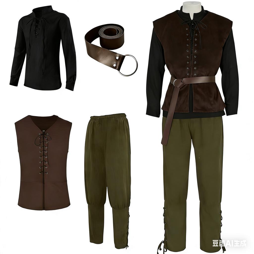 4 Pcs Men's Halloween Renaissance Costume Set Medieval Vest Shirt Ankle Banded Pants Viking Belt Armband Pouch