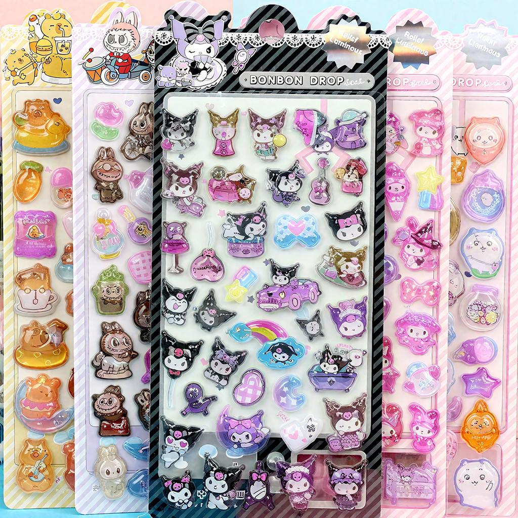 4 Pcs Mix Sanrio Cartoon Stickes Capybara Kuromi 3D Stereo Crystal Sticker Handbook DIY Material Sticker