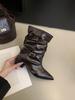 2025 autumn fashion pointed pleated low tube thick heel thin locomotive belt buckle Martin women's short boots