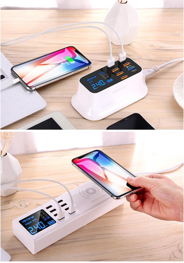 Multi-Port USB Charger with PD Fast Charging, Digital Display, 8 Ports & Multiple Interfaces