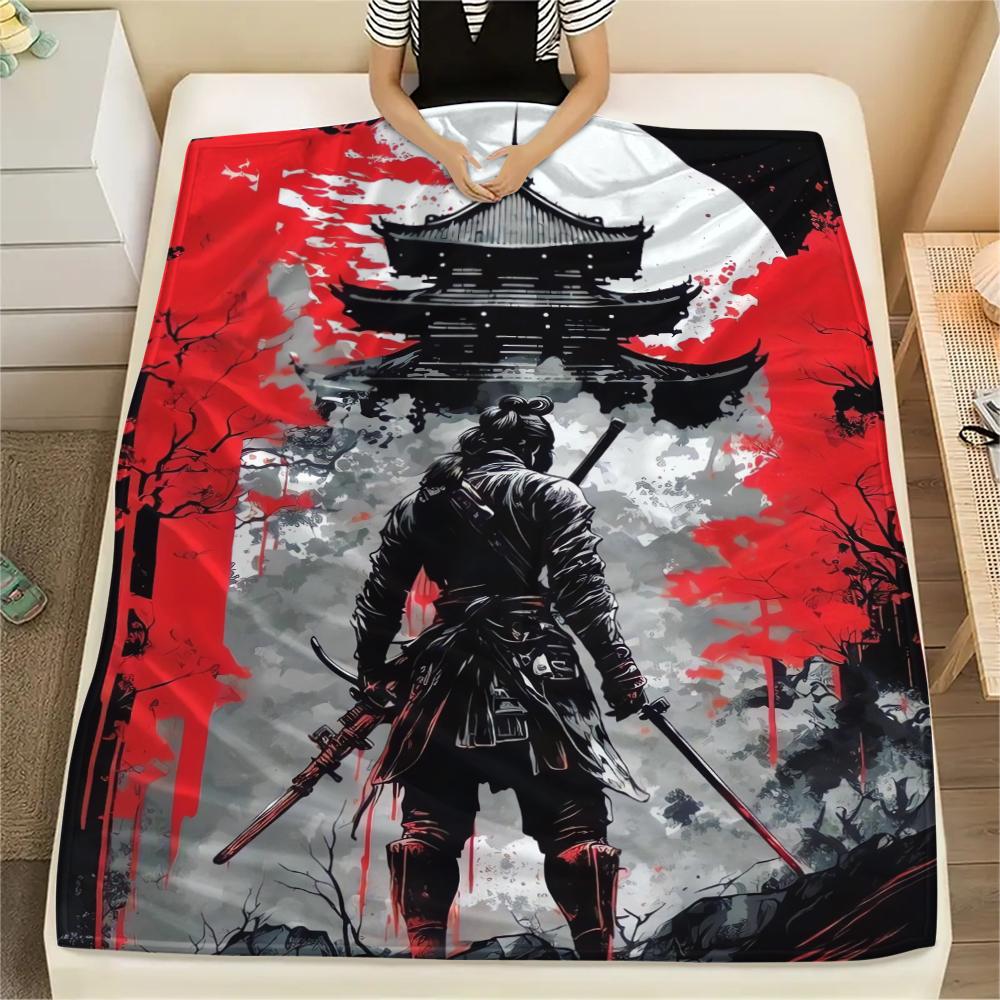 1Pc Japanese Samurai Print Flannel Blanket, High quality Comfortable for All Seasons, Home Decor, Warmth and Comfort, Perfect for Christmas Gifts