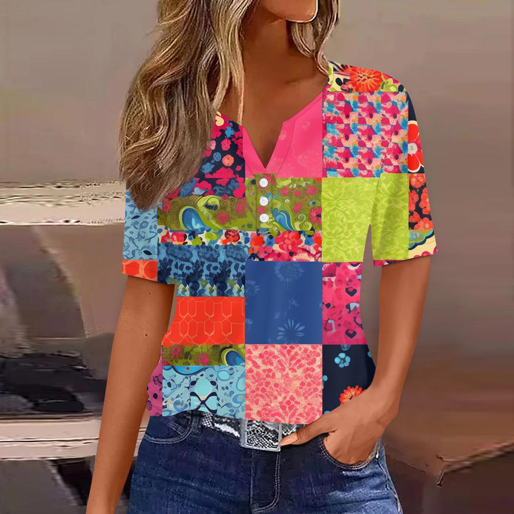 Damska koszulka z nadrukiem, guzikami, krótkim rękawem, codzienna, weekendowa, modna, podstawowa, dekolt w serek, regularna góra