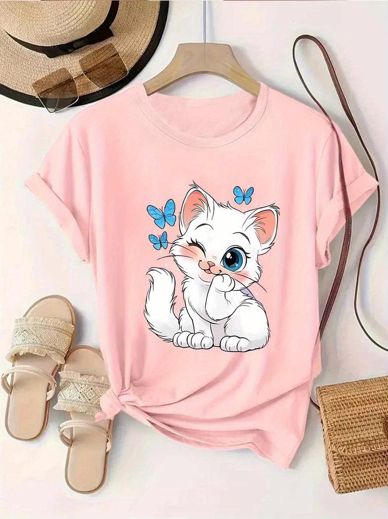 Women Summer Print T Shirt Short Sleeve Round Neck Cute Cartoon Kitten Butterfly Graphic Tees for Casual Daily Wear Personality