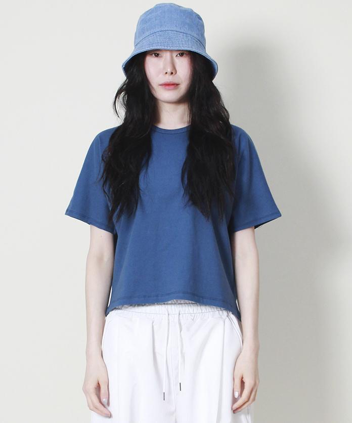 Deumakeu Solid Semi-Crop French Half-Sleeve T-Shirt Blue
