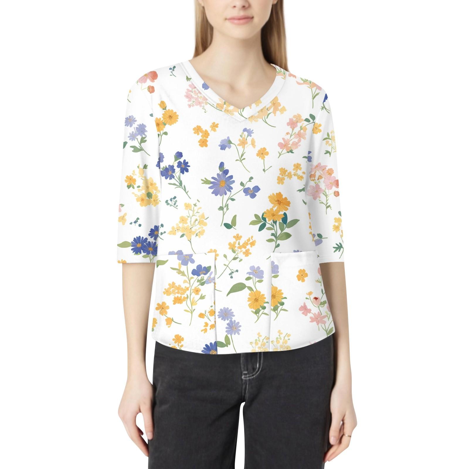 

Модная женская рабочая одежда с v-образным вырезом и рукавами 3/4, свободные топы с карманами и принтом M бежевый