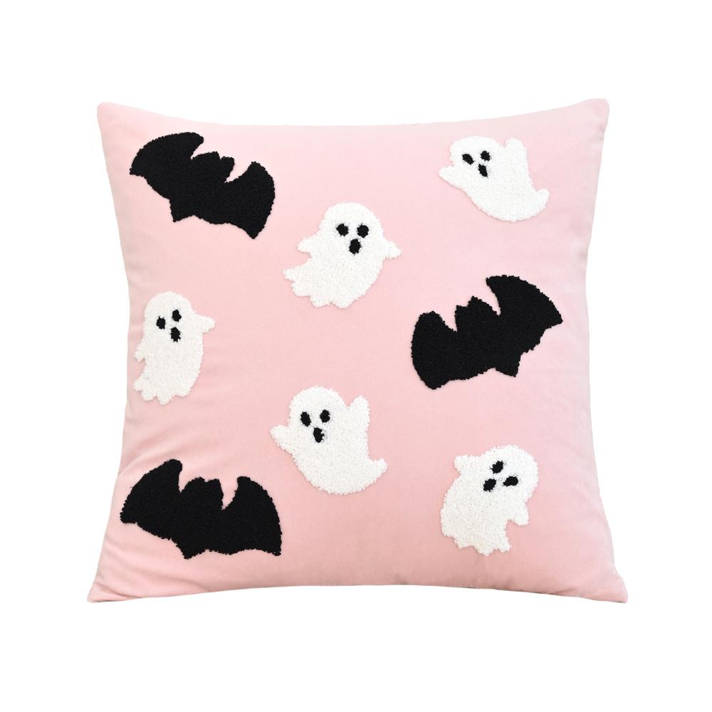 BUYNOW Halloween Pink Ghost Bat Embroidery Pillowcase Living Room Sofa18x18in Cushion Cover Home Bedroom Decor Cojines Para Sala