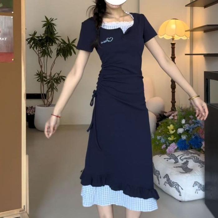 

Girlfriend dress irregular ruffle edge short-sleeved dress summer college style drawstring waist fake two pieces neck medium and long dress S тёмно-синий