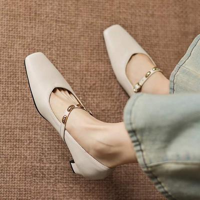Krazing Pot Microfiber Square Toe Thick Med Heels Spring Summer Shoes Big Size 43 Metal Chains Women Office Lady Pumps