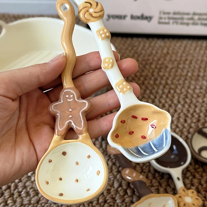 Cartoon ceramic long-handle spoon, food-safe & dishwasher safe, ideal for soup, dessert and daily home use.