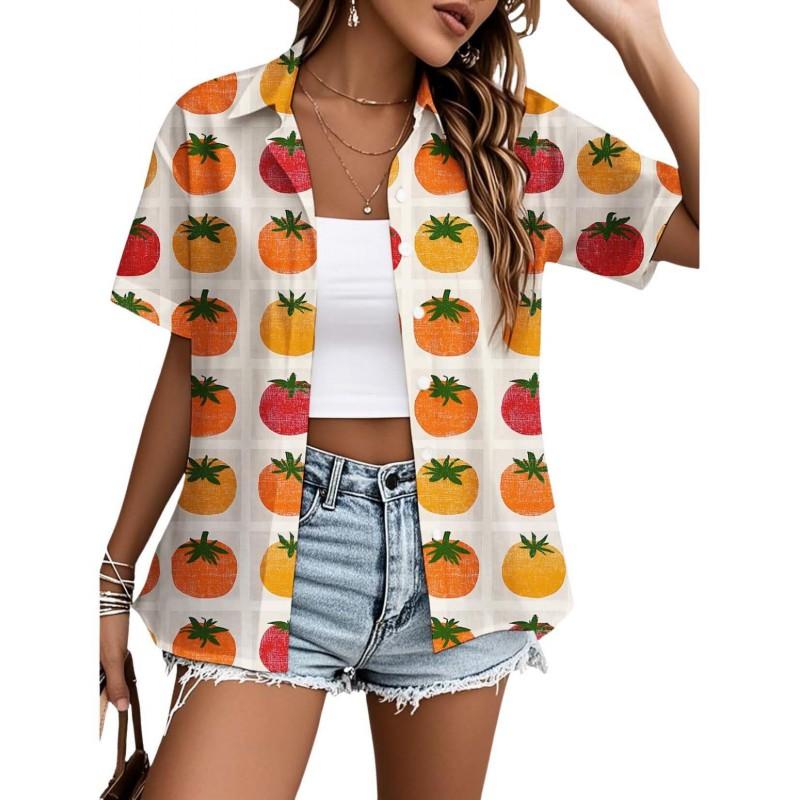 Womens Loose Fit Short Sleeve Printed Shirt Casual Vacation Style Collared Open Front Top