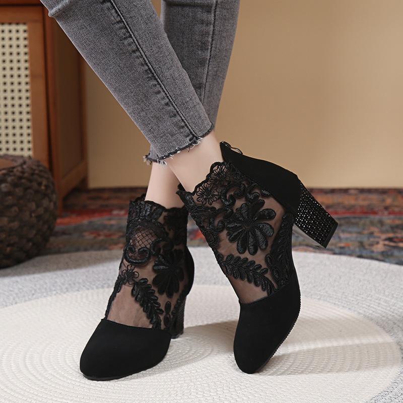 Lace Mesh Thick Heel High Heel Sandals Women's Spring and Summer Large Size Breathable Fashion Round Head Boots Fashion Short Boots