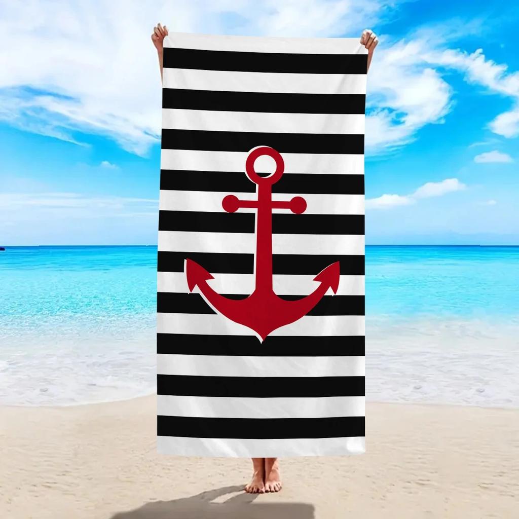 Nautical Anchor Print Beach Towel Soft Peach Skin Fabric Quick Dry Microfiber Summer Travel Vacation Swimming Pool Bath Towel