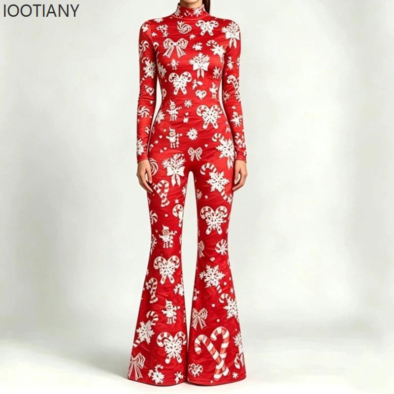 Women Christmas Flare Jumpsuit Candy Cane Snowflake Pattern Bell Bottom Skull Bodysuit Halloween Xmas Clubwear Party Costume