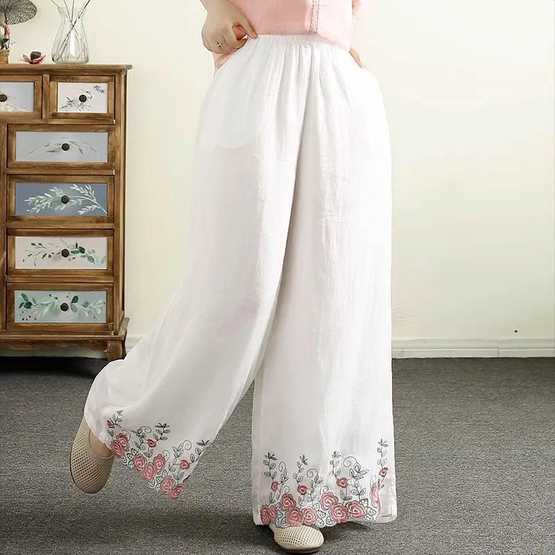Pants Women Hemp Embroidery Casual Solid Color Loose Big Size Wide Leg Pants