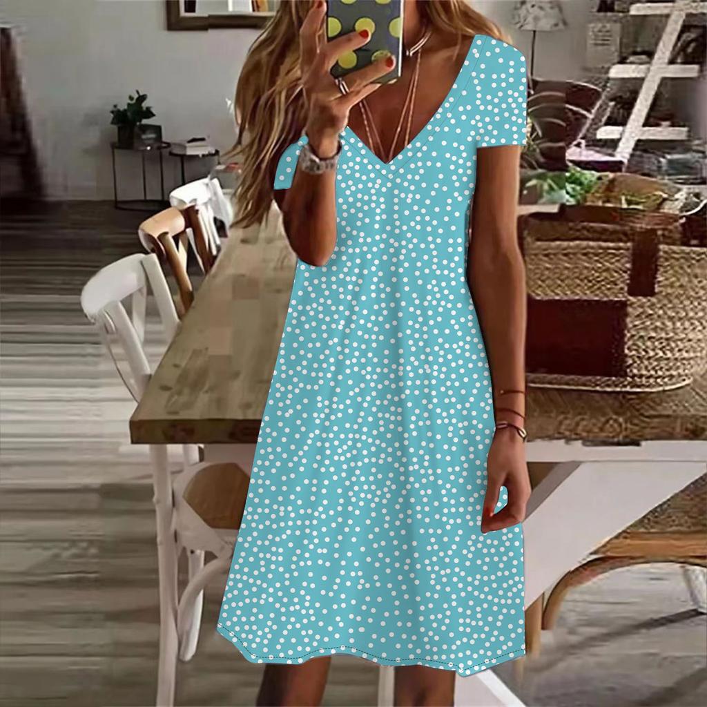 Letnia Moda Damska Sukienka z Dekoltem V z Krótkim Rękawem w Kropki Seksowna Krótka Spódniczka Sukienki