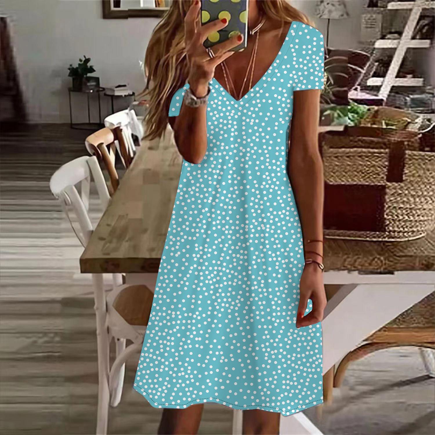 

Летняя мода Женское платье с V-образным вырезом и короткими рукавами, с принтом в горошек, Сексуальное короткое платье XL
