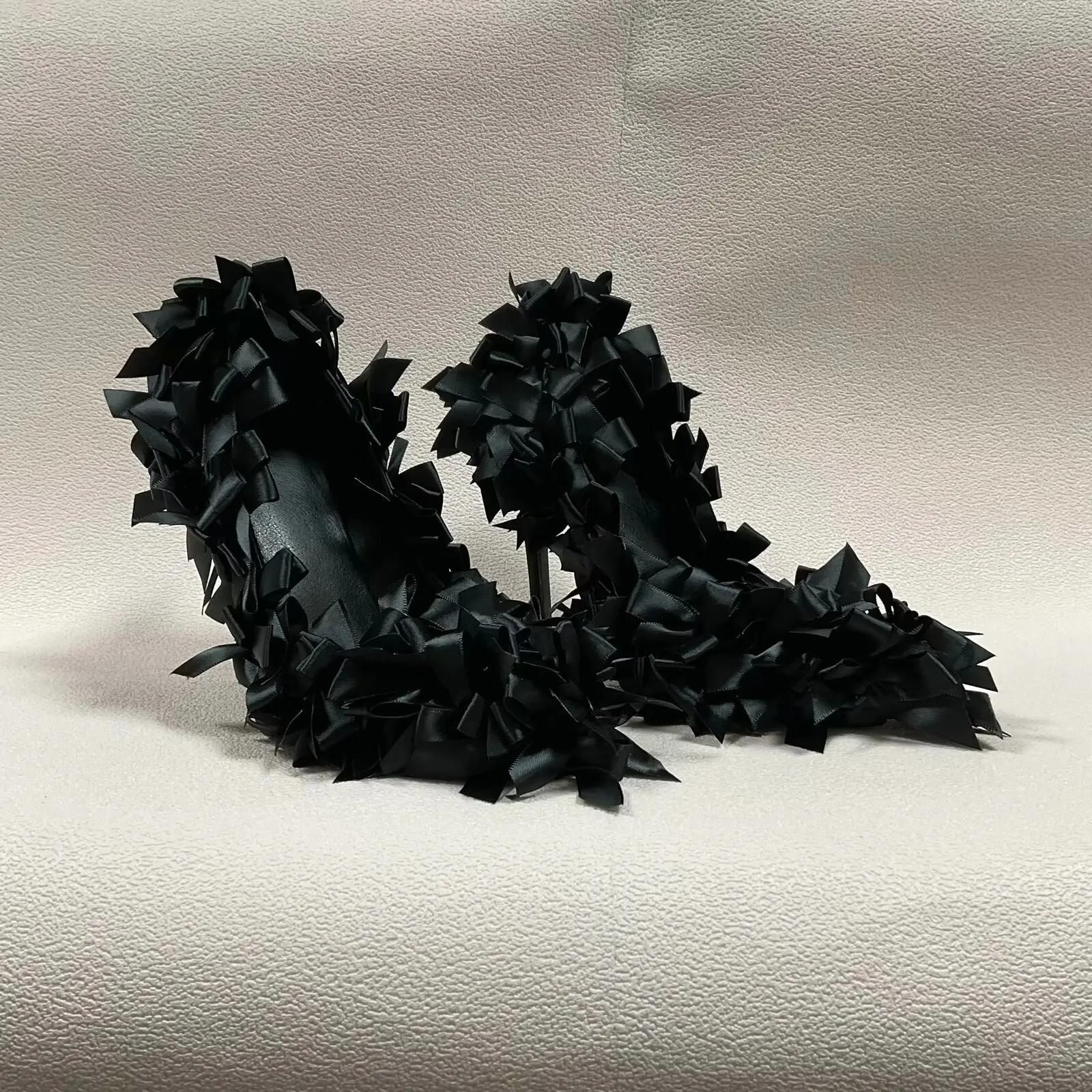 

Fashion Black Satin Butterfly-Knot Women Pumps 2025 Summer New Fashion Shallow High Heels Pointed Toe Stiletto Heel Casual Sandals 33