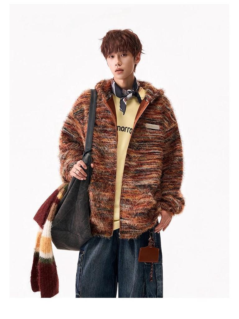 Unisex Gradient Striped Hooded Sweatshirt - Retro Winter Cardigan Style with Oil Painting Knit Design