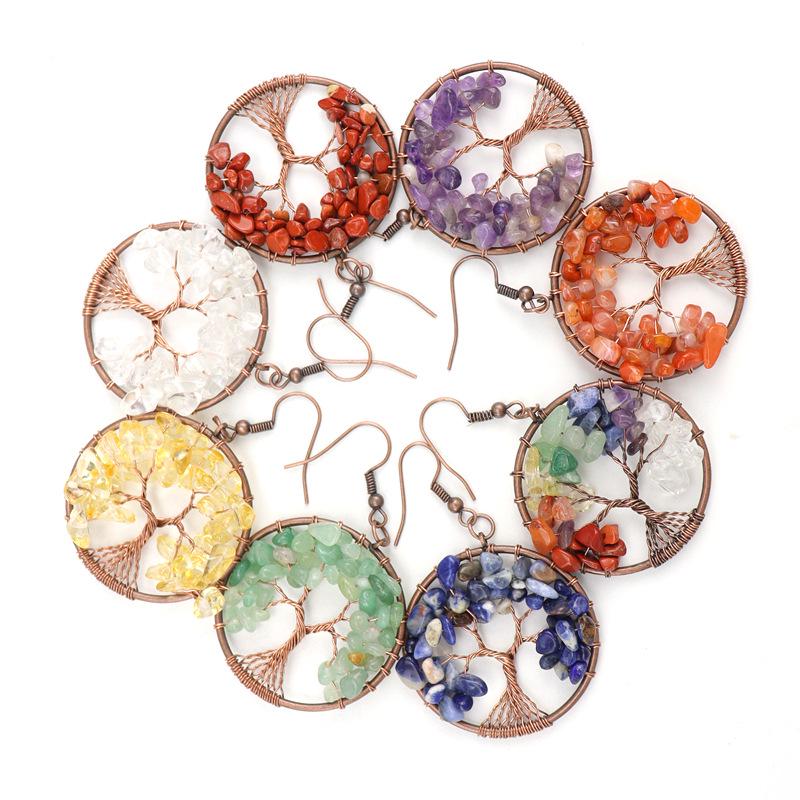 Handmade Vintage Wire-Wrapped Natural Stone Crystal Tree of Life Earrings E19
