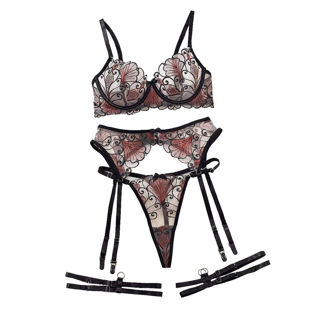 Women's Sexy Lingerie Set Ginkgo Leaf Embroidered Mesh Lingerie Low-cut Sheer Bra Set