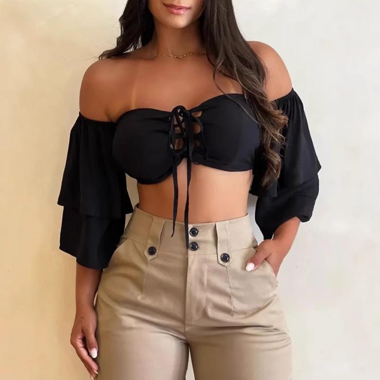 European and American High-Waisted Cuffed Cargo Pants with Button Pocket for Women