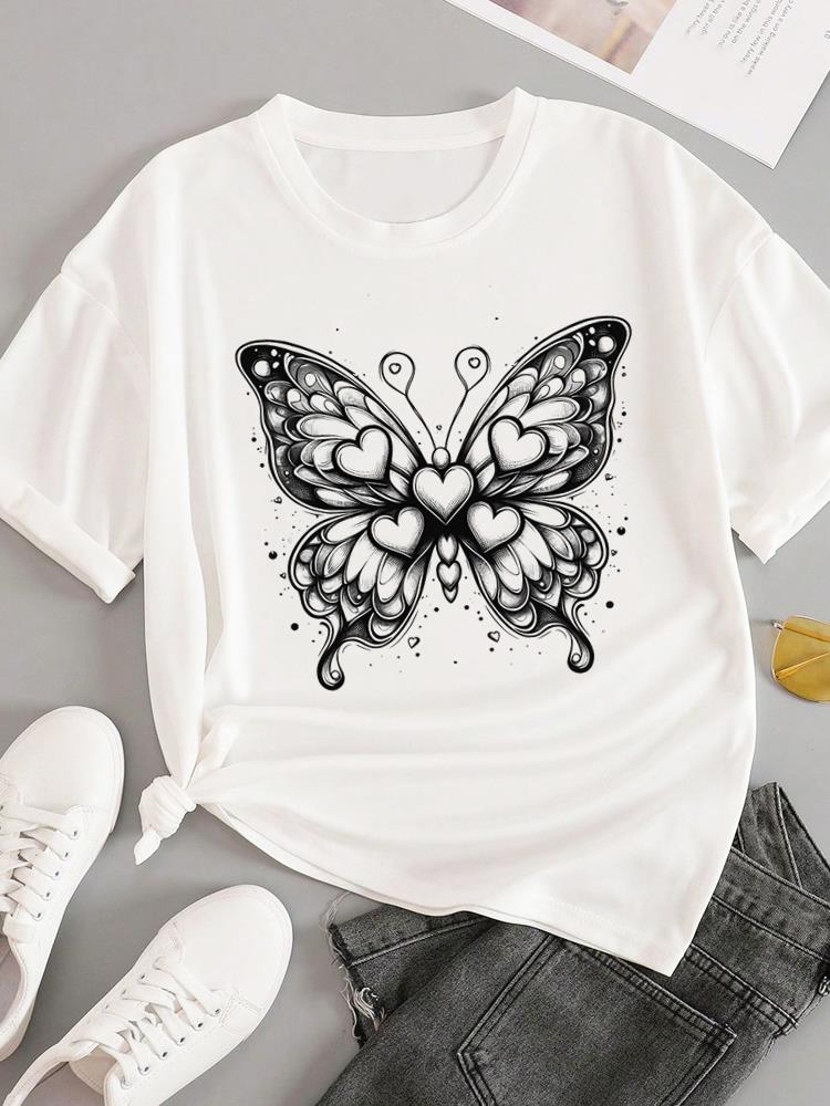 (Asian Size) trend love flower Short Sleeve T-shirts Women's Top T Female Print  Fashion O-neck Casual Clothing  Graphic Tee
