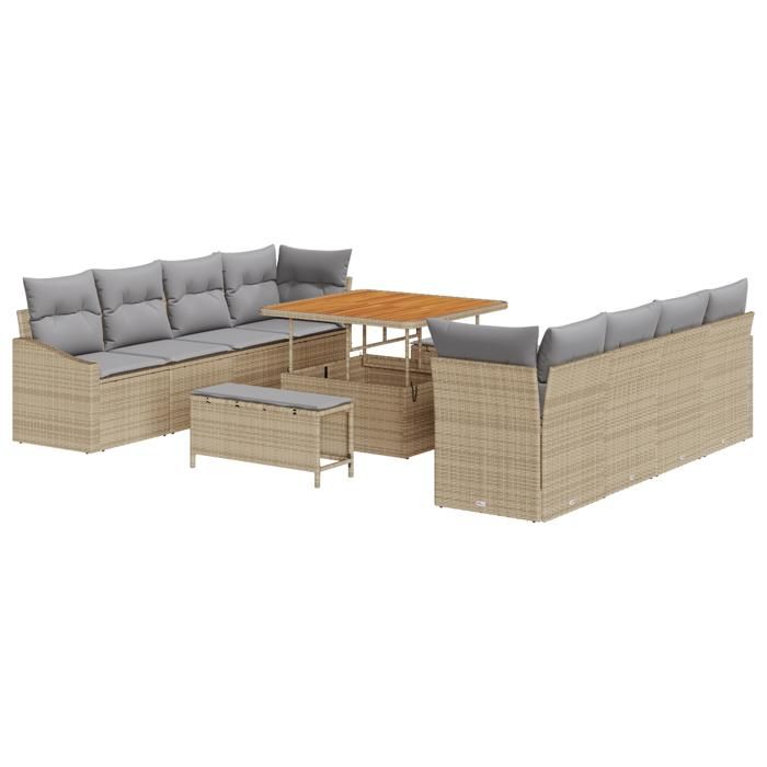 Ensemble de canapé de jardin 11 pièces avec coussins Beige Rotin synthétique Acacia, Canapé 2 places avec rangement 3364587
