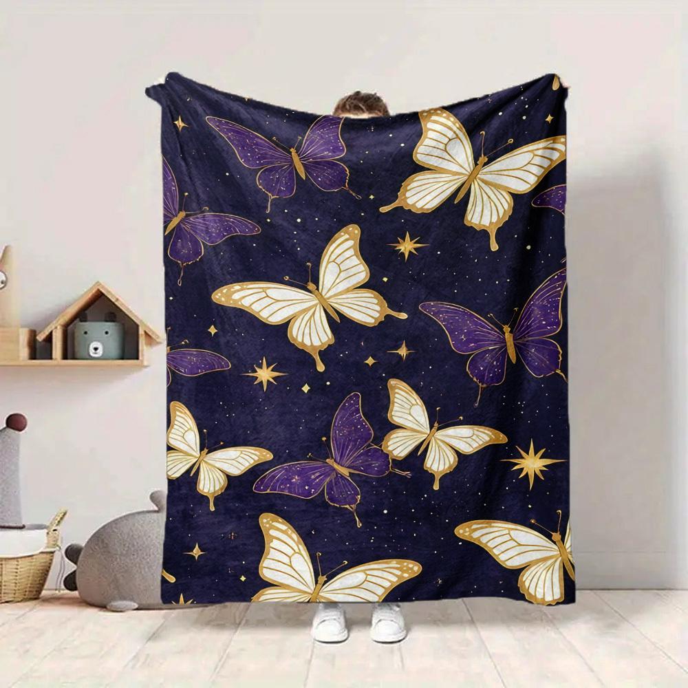 1pc Butterfly Night Lightweight Flannel Blanket, Comfortable and Warm Blanket, for Office and Camping Sofa Bed, Livingroom094