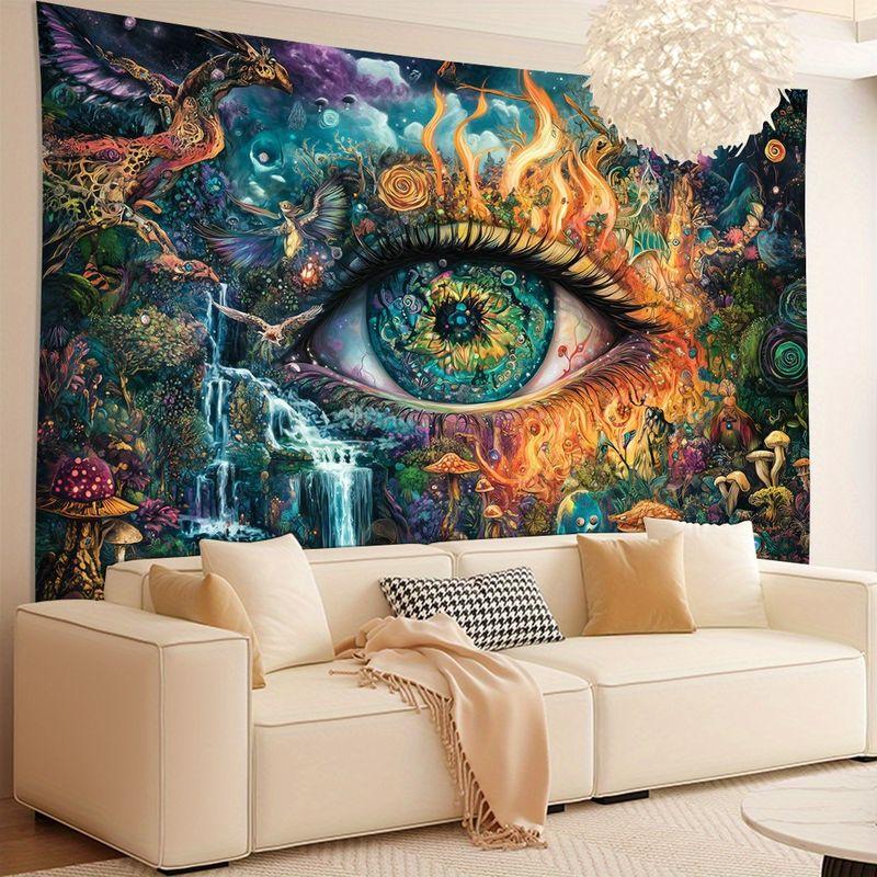 Psychedelic Giant Eye Waterfall Poisonous Mushroom Phoenix Tapestry, Fantasy Wall Hanging for Bedroom