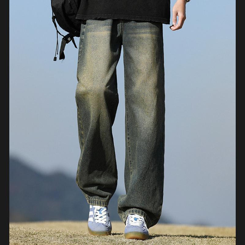 New 2025 Men's Student Four Seasons Washed Floor-Length Jeans Loose Straight Cut Retro Public Version Hong Kong Style