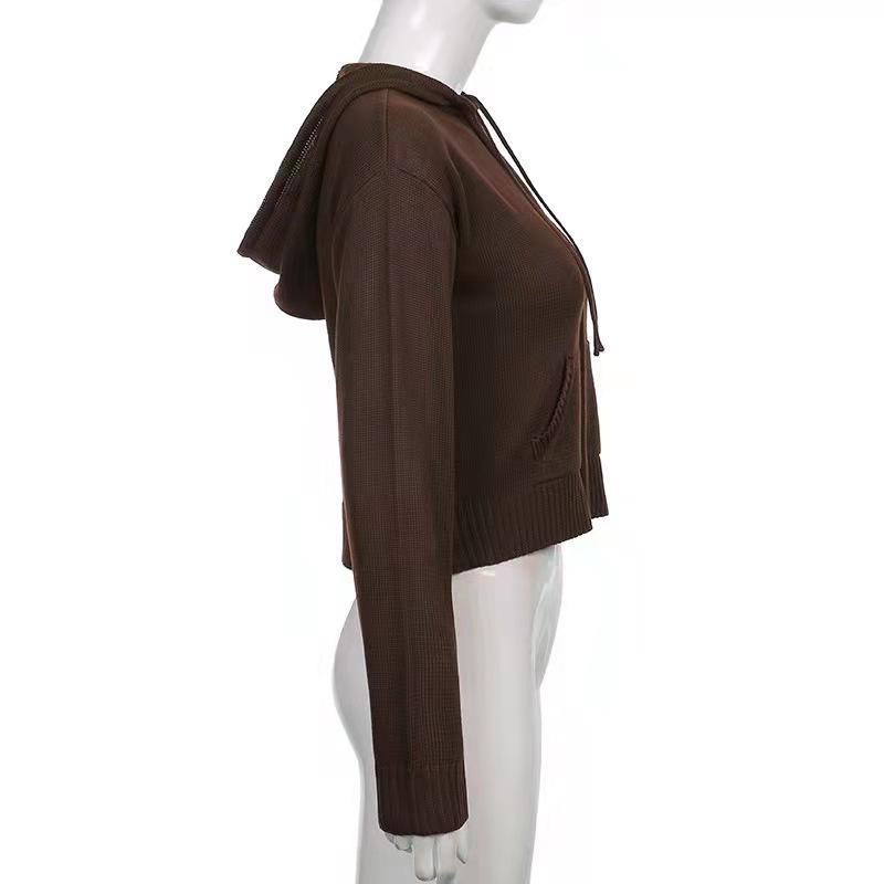 Damen Strick-Kapuzenpullover mit durchgehendem Reißverschluss, legere Pullover, einfarbig, langärmelig, Sweatshirts mit Kordelzug, Strickjacke, Reißverschluss, Y2K-Kleidung